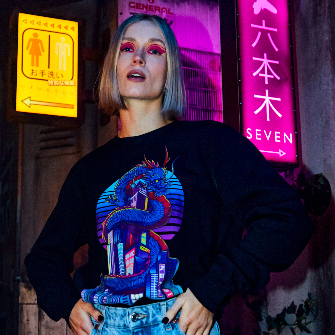 Doragontoshi sweater - Black - Model Front  - cyberpunk sweaters - Neomachi