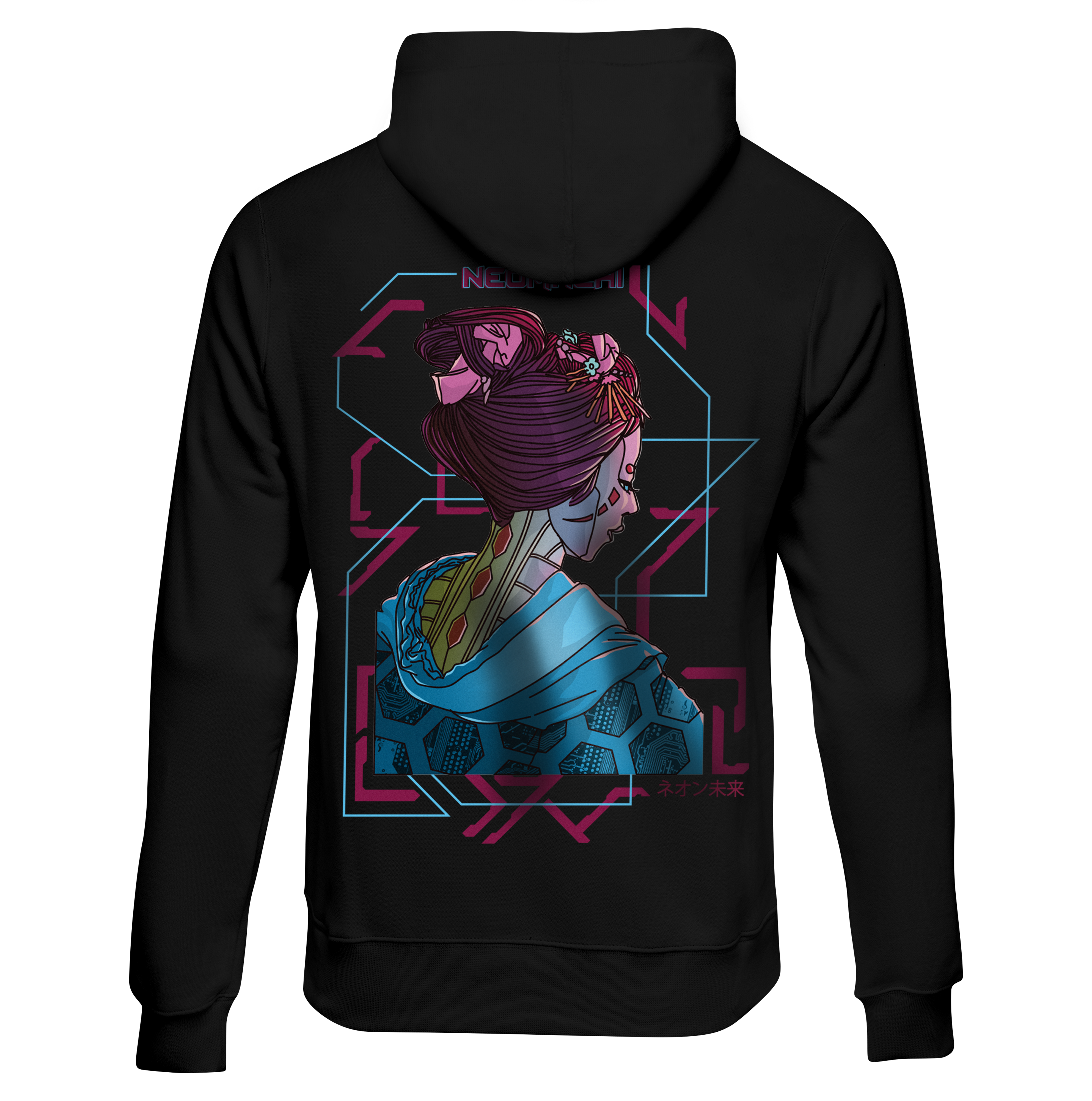 ROBO-MAIKO: HOODIE- Black - Back - cyberpunk HOODIE - Neomachi