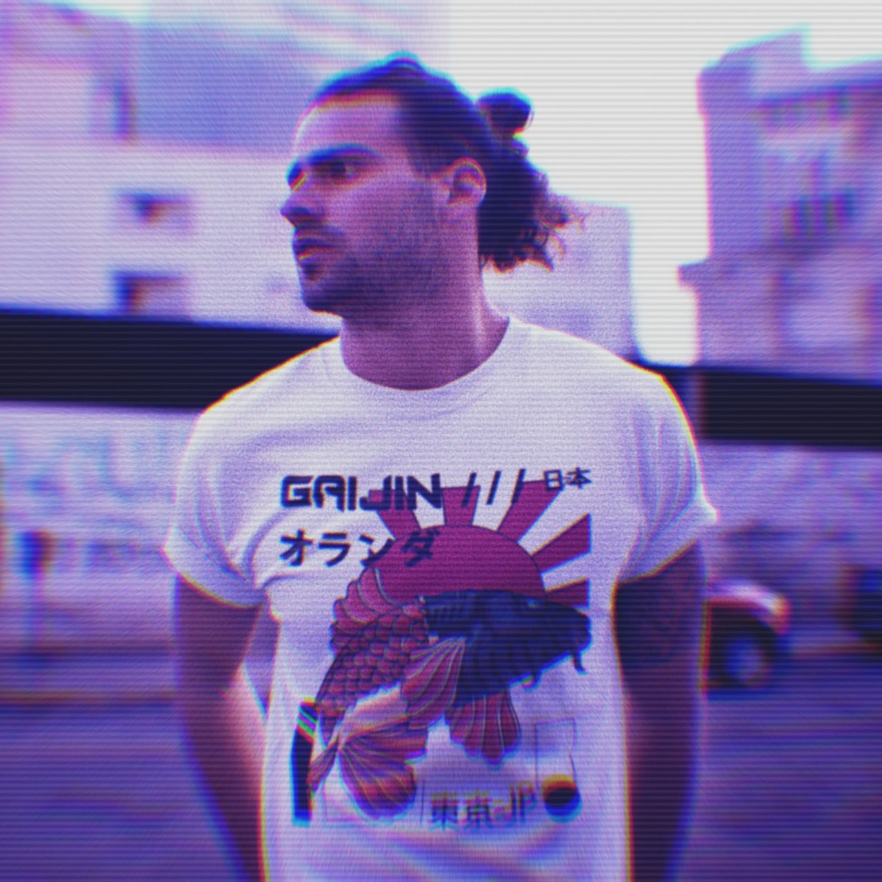 Hiroto T-shirt - White -Model Front - cyberpunk t-shirt - Neomachi