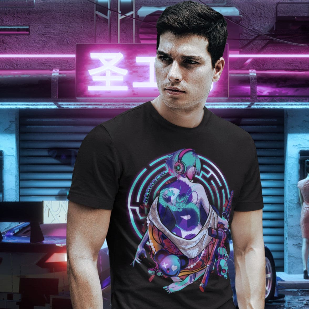 RYUTATU: T-SHIRT - Black - Model Front - cyberpunk t-shirt - Neomachi