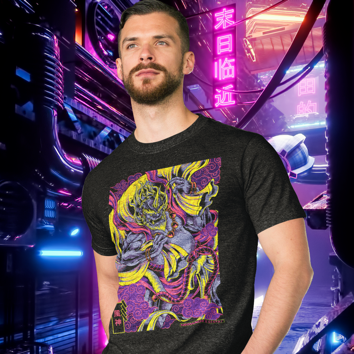 Fujin T-shirt - Black - Model Front - cyberpunk t-shirt - Neomachi