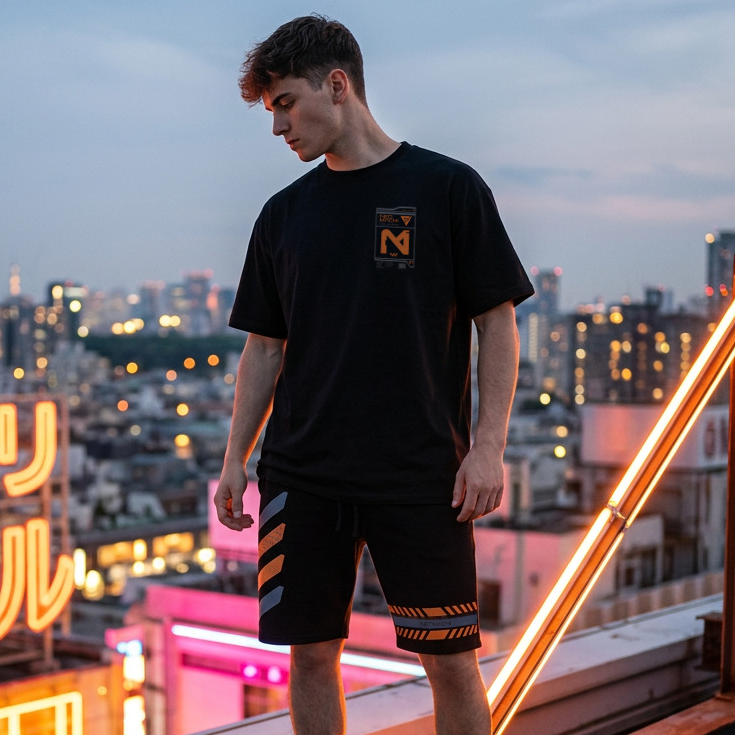 A man wearing a black t-shirt and black shorts with orange accents stands on a rooftop at dusk, looking down. The background features a city skyline with glowing orange neon signs.