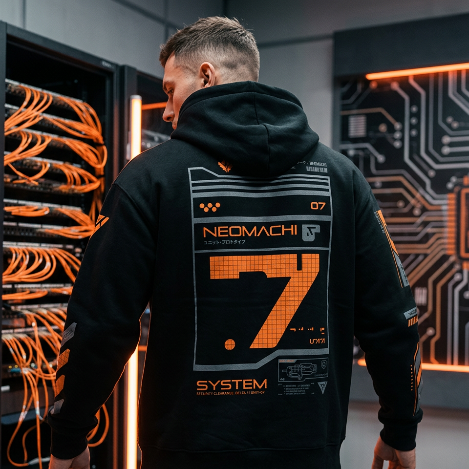 A man viewed from behind wearing a black hoodie with a large orange and gray graphic on the back, standing in a room with server racks and glowing orange cables.