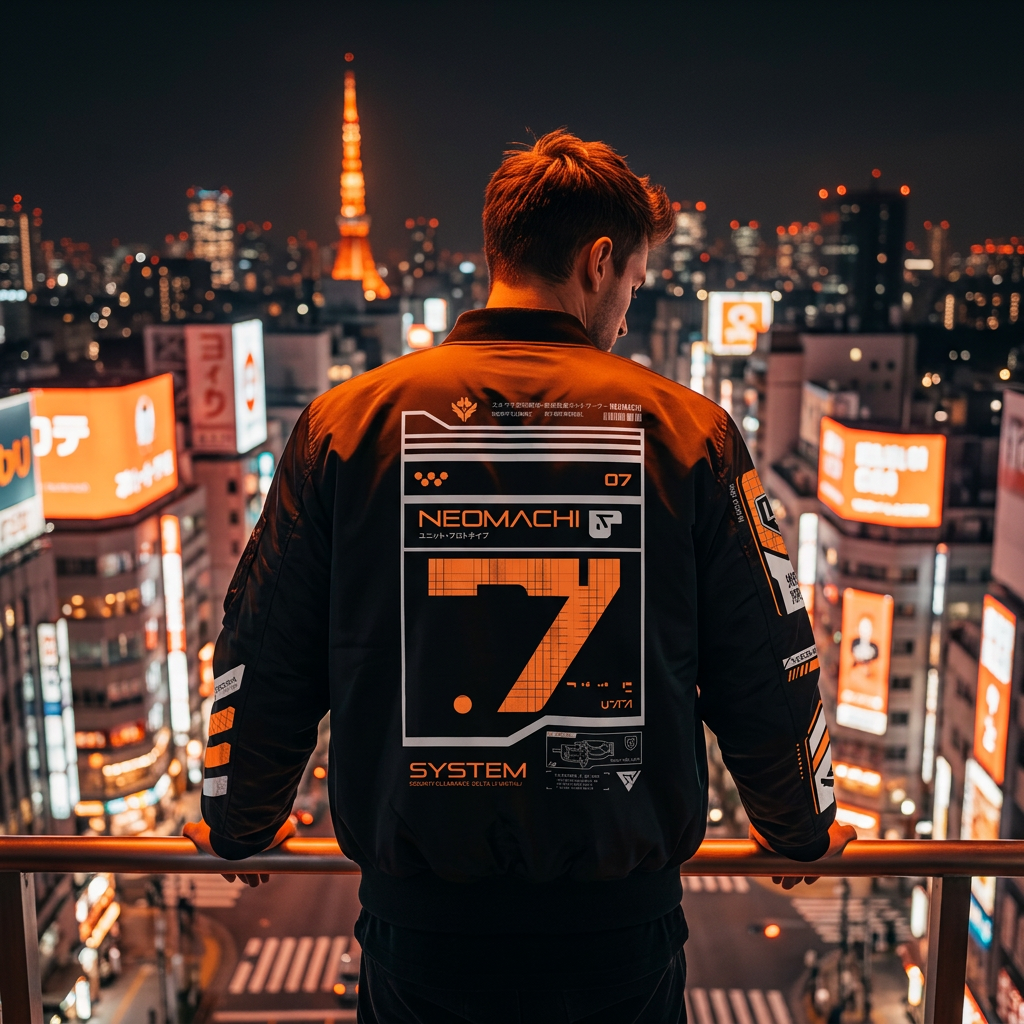A man stands on a balcony at night with his back to the camera, wearing a black jacket with a large orange and white graphic on the back. The background shows a brightly lit city skyline at night with neon signs and a tower illuminated in orange.