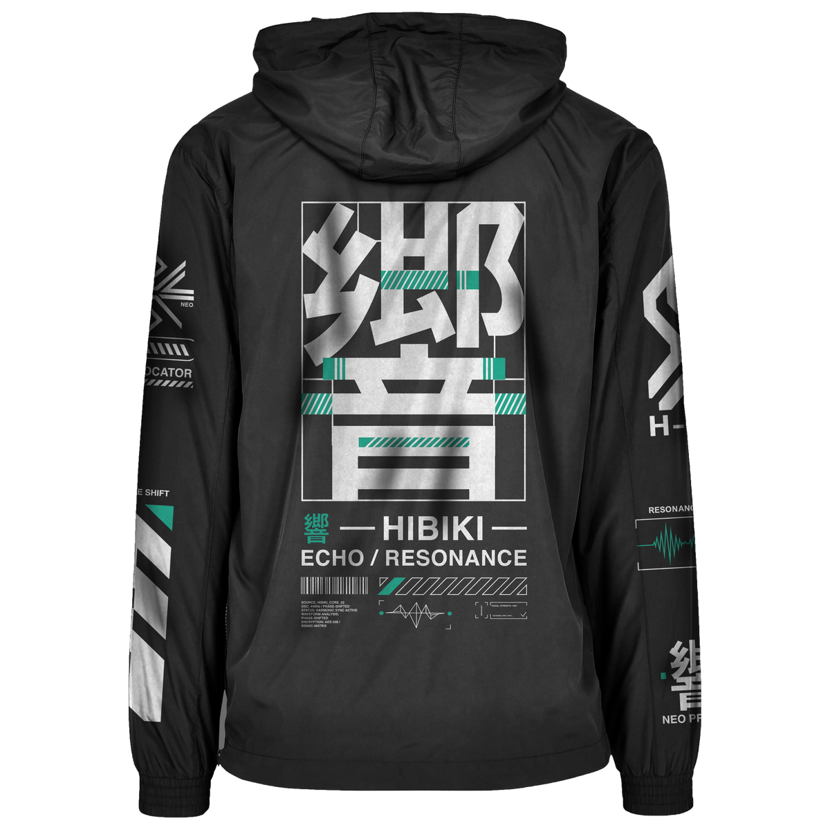 Black jacket with geometric design and text on the back, on a white background
