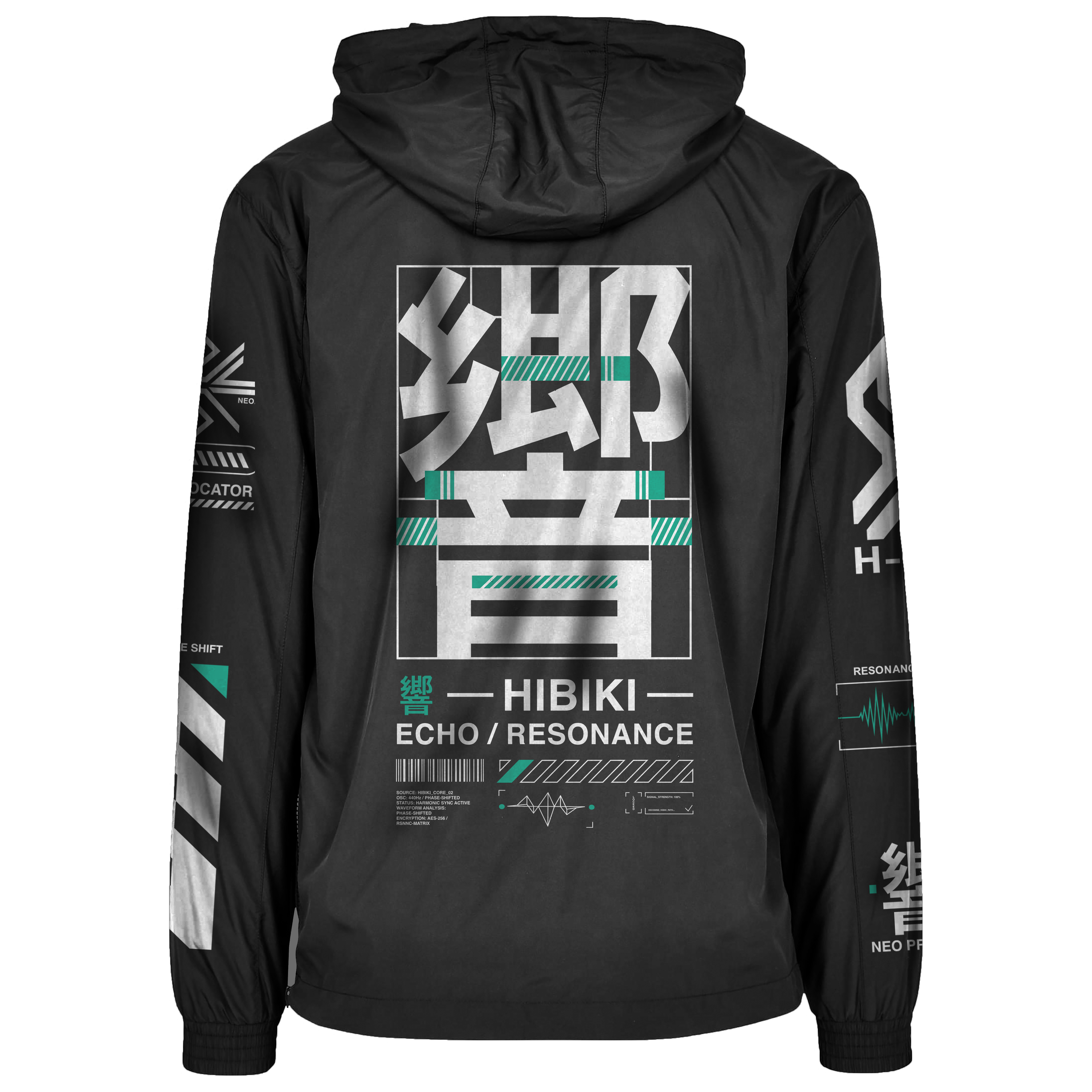 Black jacket with geometric design and text on the back, on a white background
