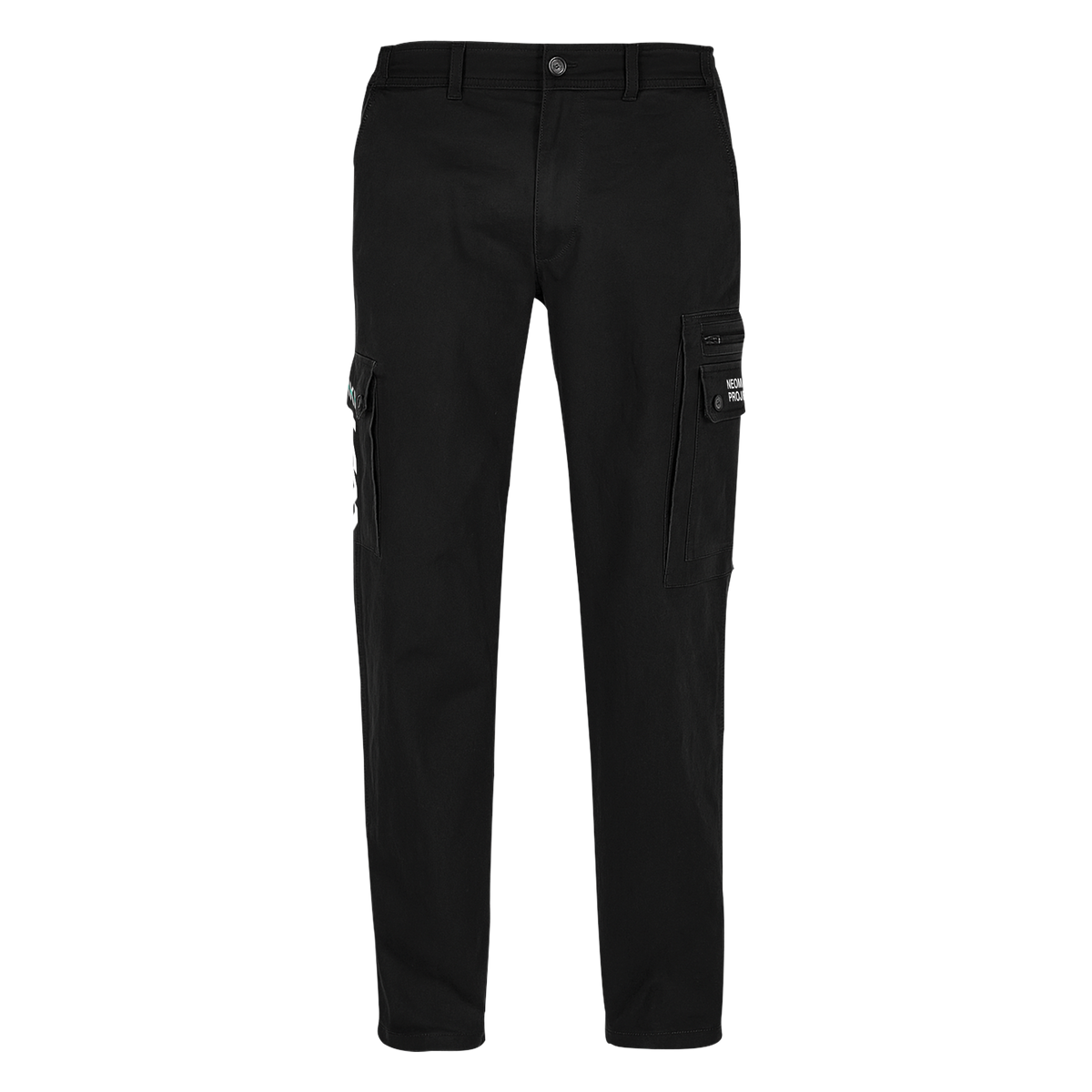Black cargo pants on a white background