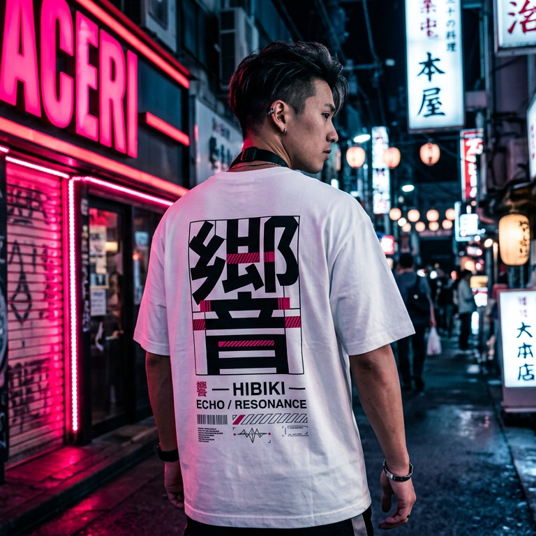 A man wearing a white graphic t-shirt with Japanese text and 'ECHO / RESONANCE' printed on the back, standing in a neon-lit alleyway with graffiti walls.