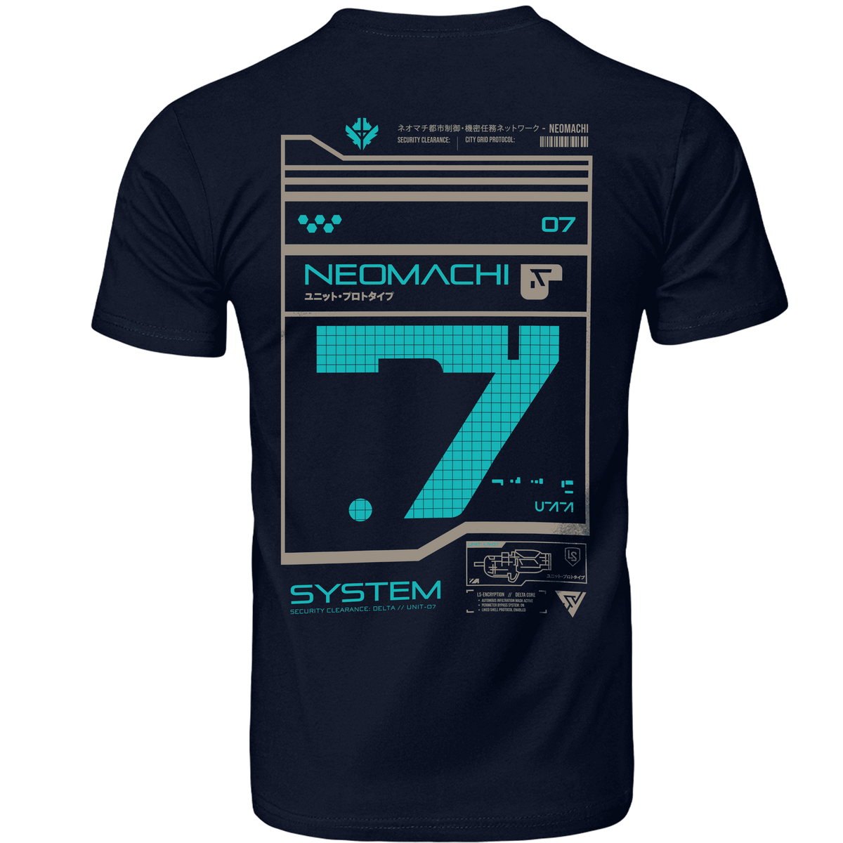 SYSTEM 7 BLUE t-shirt in black, shown from the back with the large blue and grey cyberpunk graphic print.