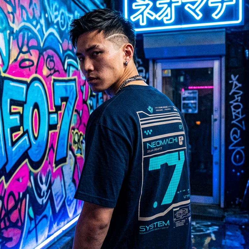 A man wearing a black t-shirt with a large '7' and 'NEOMATCH SYSTEM' graphic on the back, standing in a vibrant, graffiti-covered alleyway under a glowing blue neon sign.