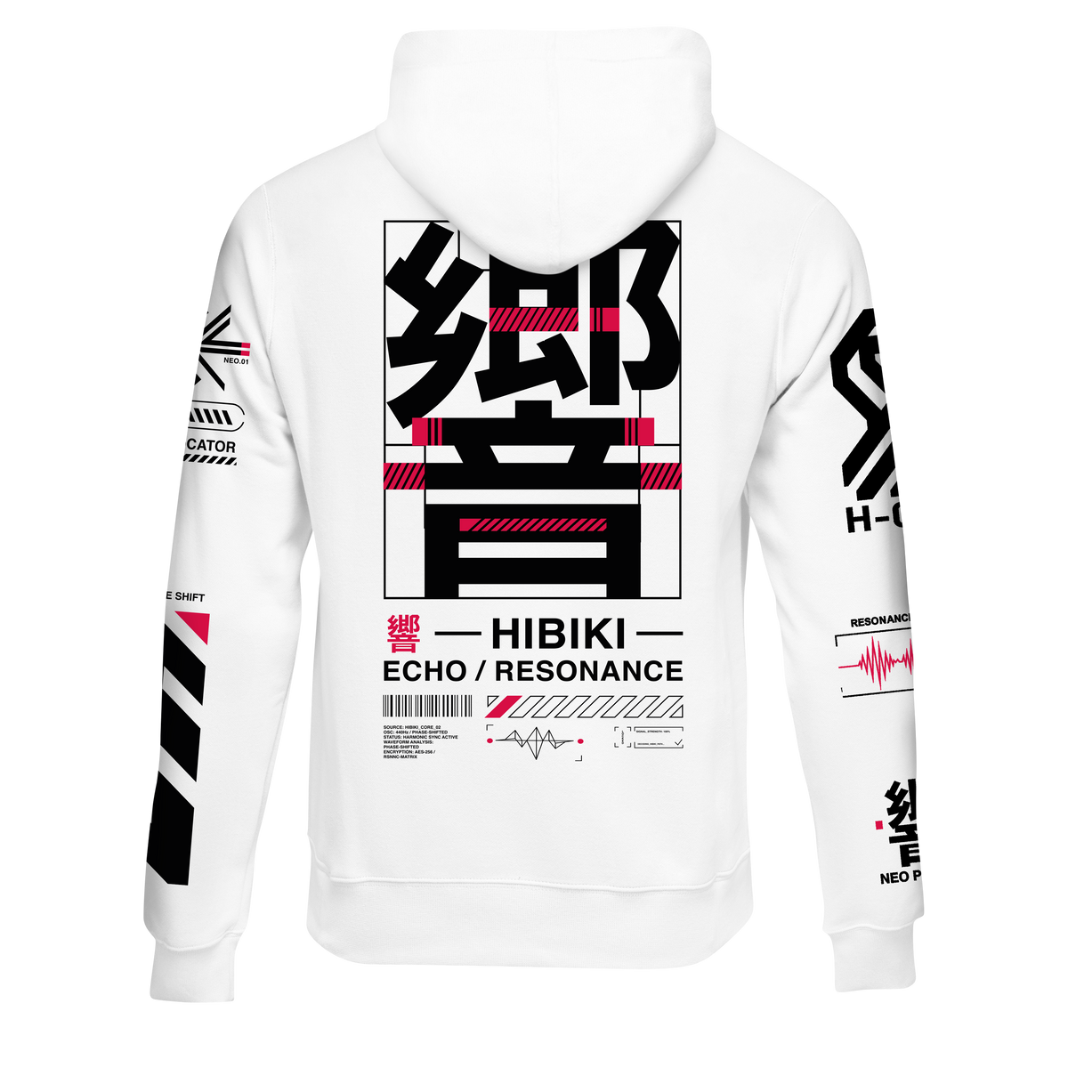 White pullover hoodie shown from the back, featuring a large black and red graphic print with Japanese characters and text reading 'HIBIKI ECHO / RESONANCE' on the back, plus smaller matching graphics on both sleeves.
