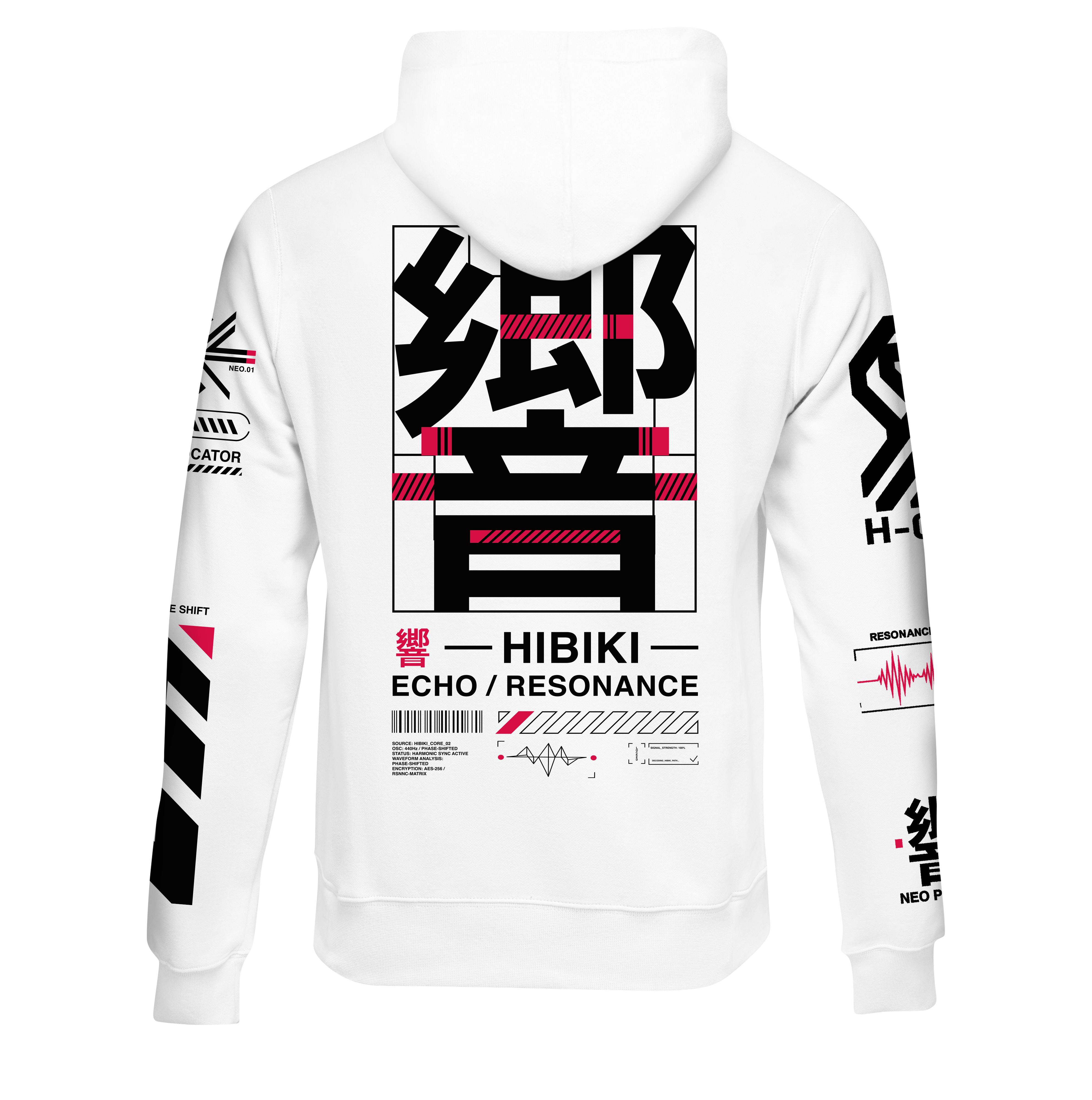 White pullover hoodie shown from the back, featuring a large black and red graphic print with Japanese characters and text reading 'HIBIKI ECHO / RESONANCE' on the back, plus smaller matching graphics on both sleeves.