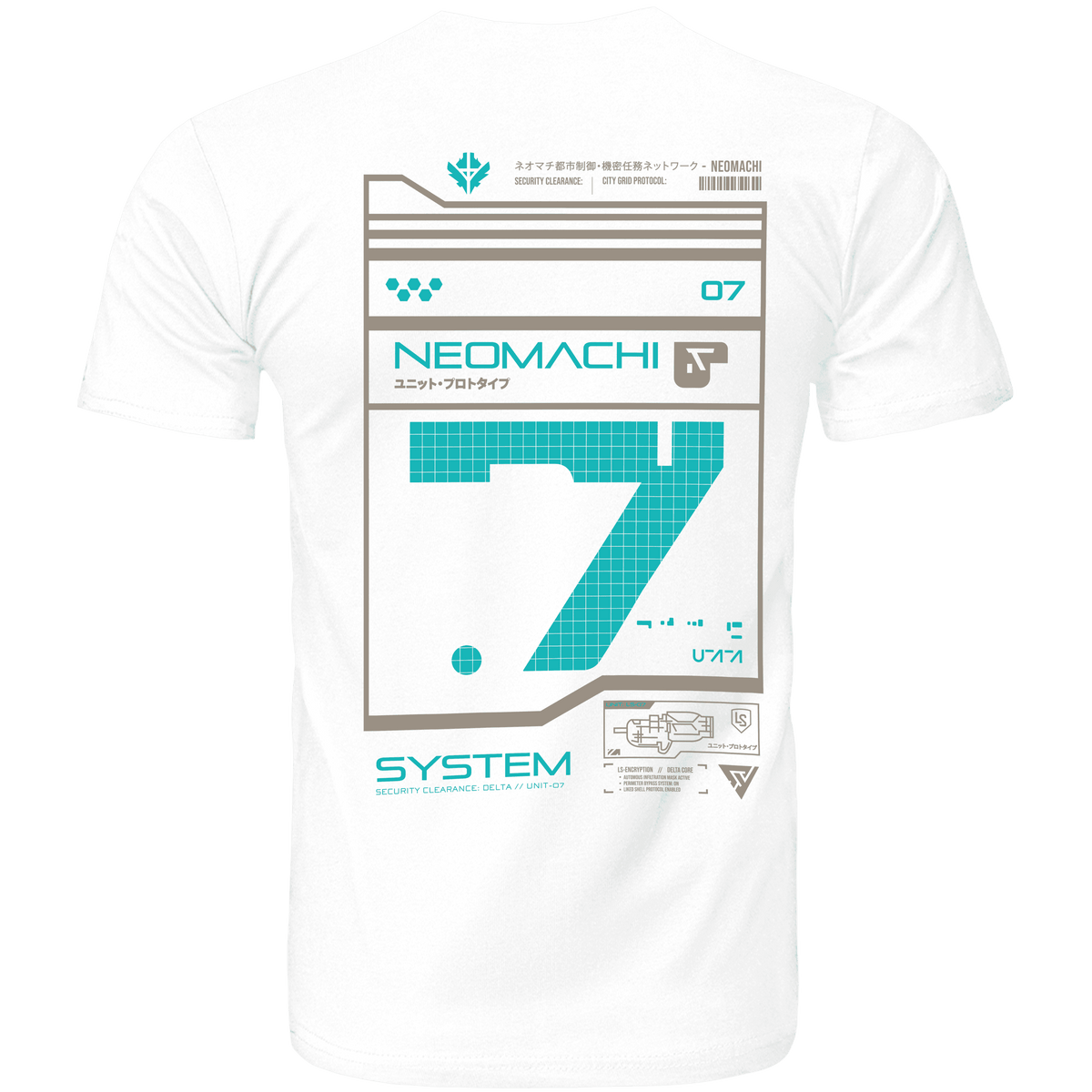 SYSTEM 7 BLUE t-shirt in white, shown from the back with the large blue and grey cyberpunk graphic print.