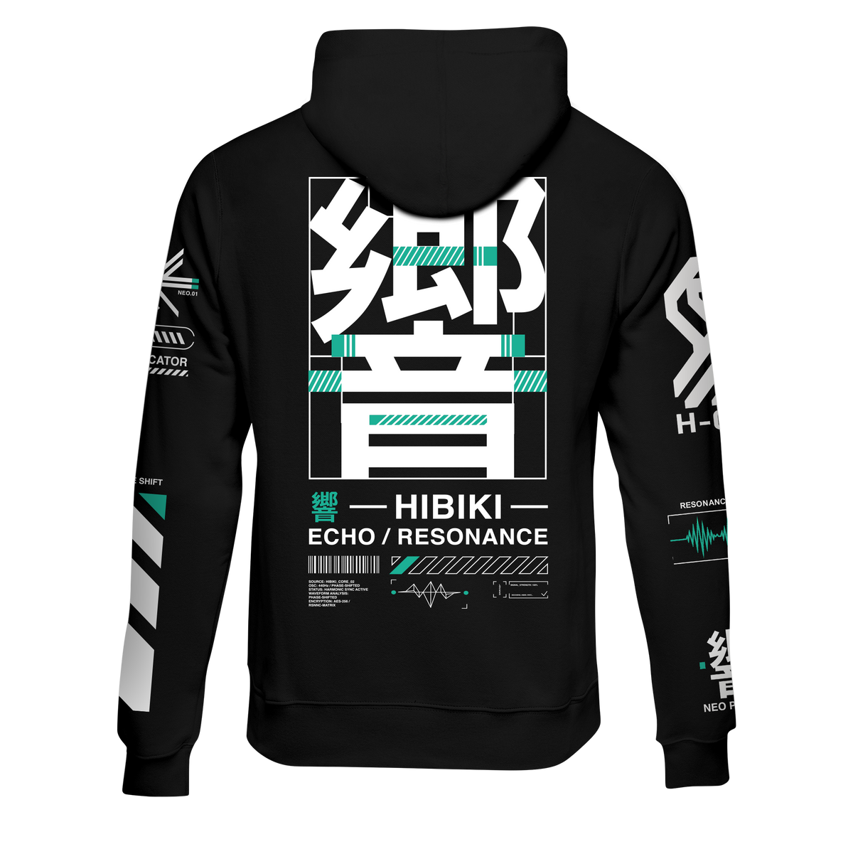Black hoodie with white and teal text and graphics on a white background