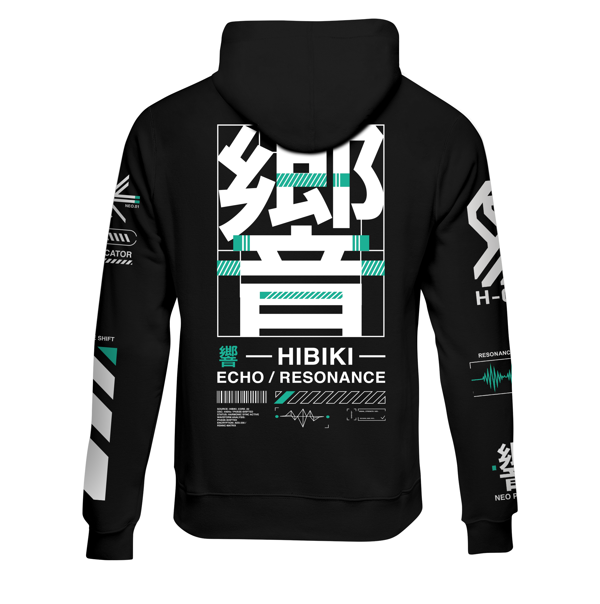 Black hoodie with white and teal text and graphics on a white background