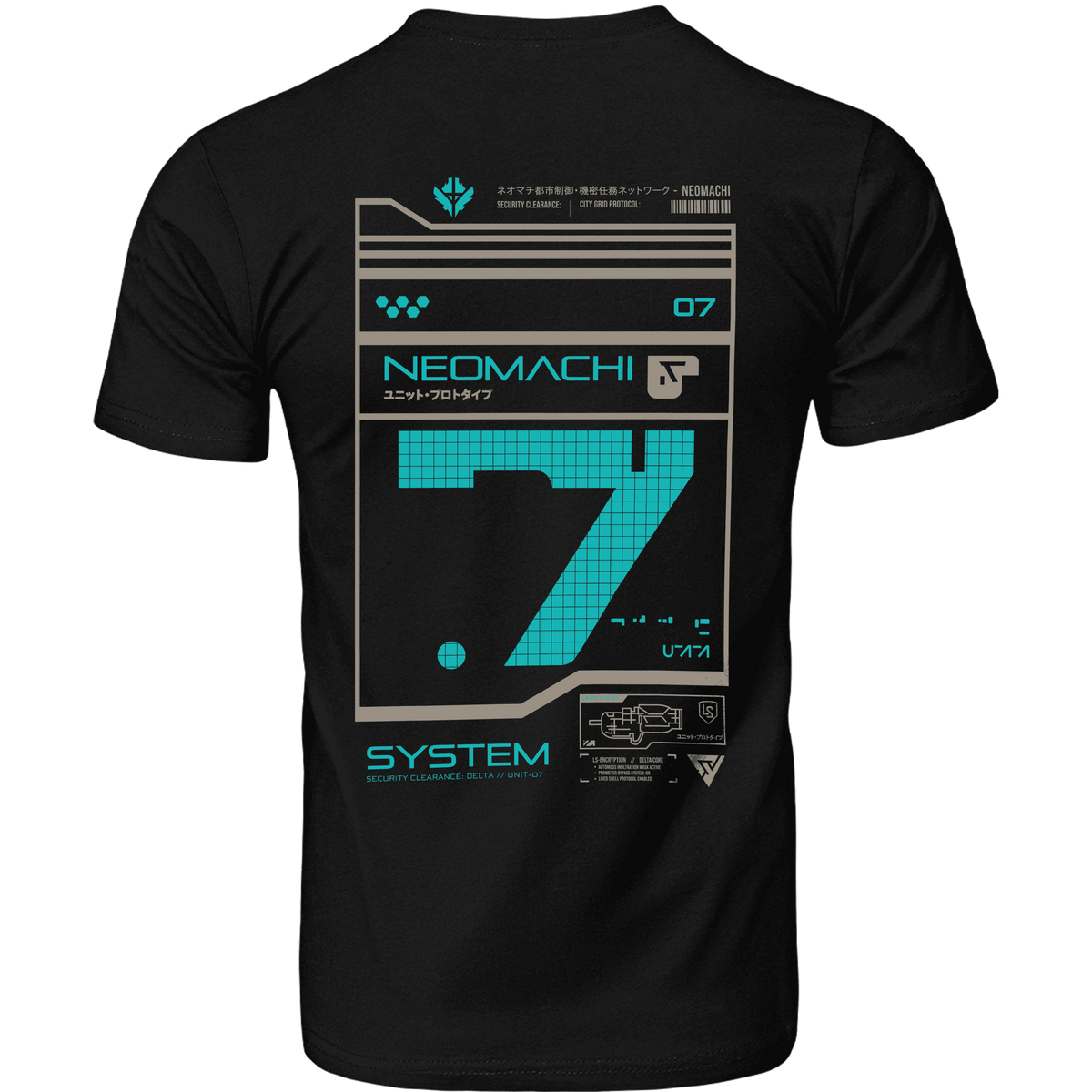 SYSTEM 7 BLUE t-shirt in navy, shown from the back with the large blue and grey cyberpunk graphic print.