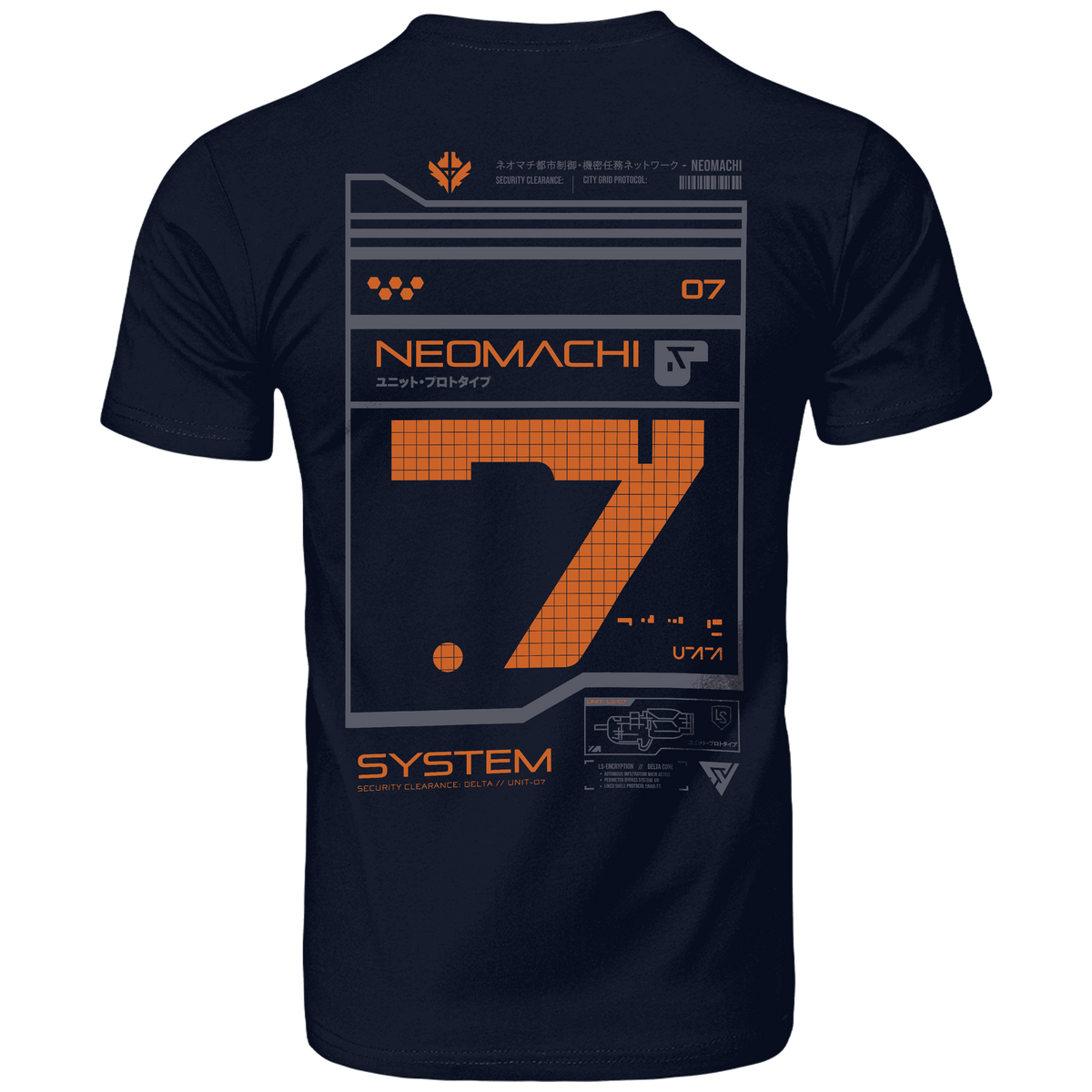 A navy blue short-sleeve t-shirt shown from the back, featuring a large orange and gray sci-fi graphic print with the text 'NEOMACHI' and 'SYSTEM'.