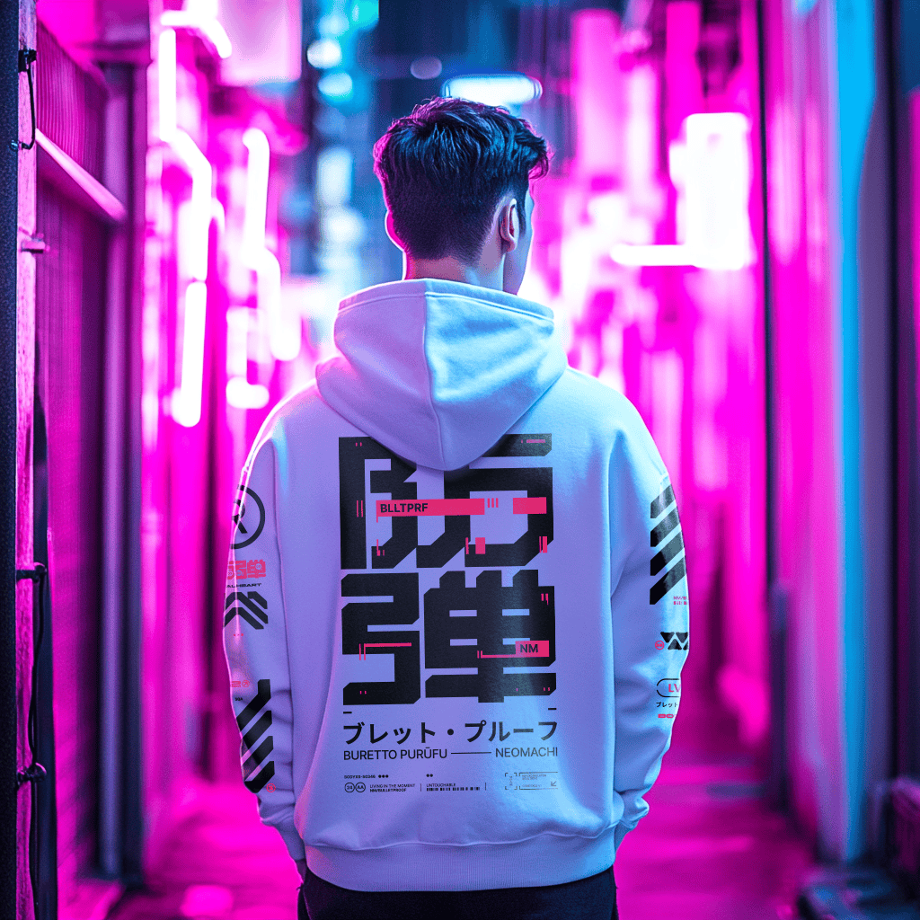 BLLTPRF White hoodie back cyberpunk techwear