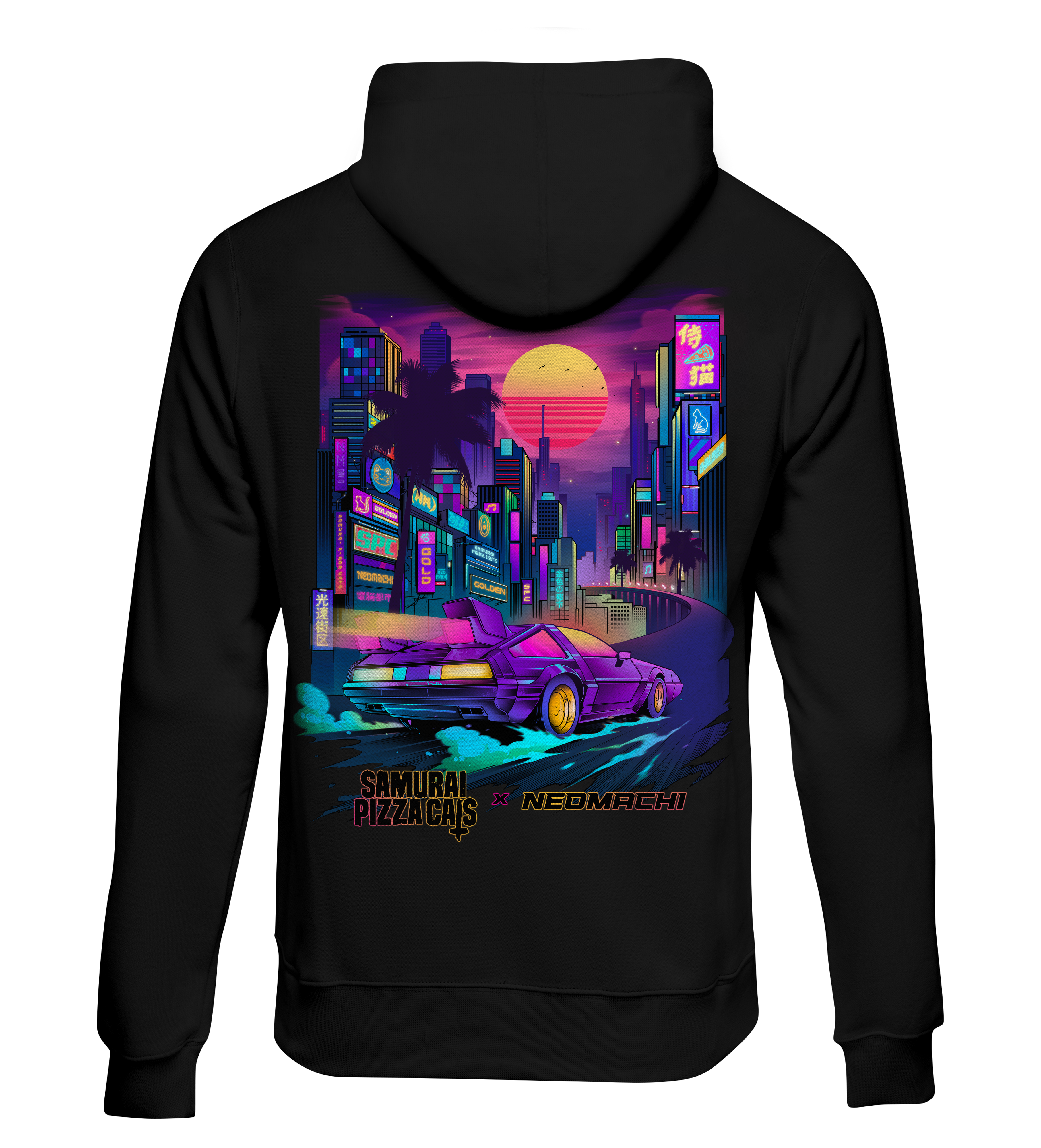 Black hoodie with a vibrant cityscape and car design on the back, set against a white background.