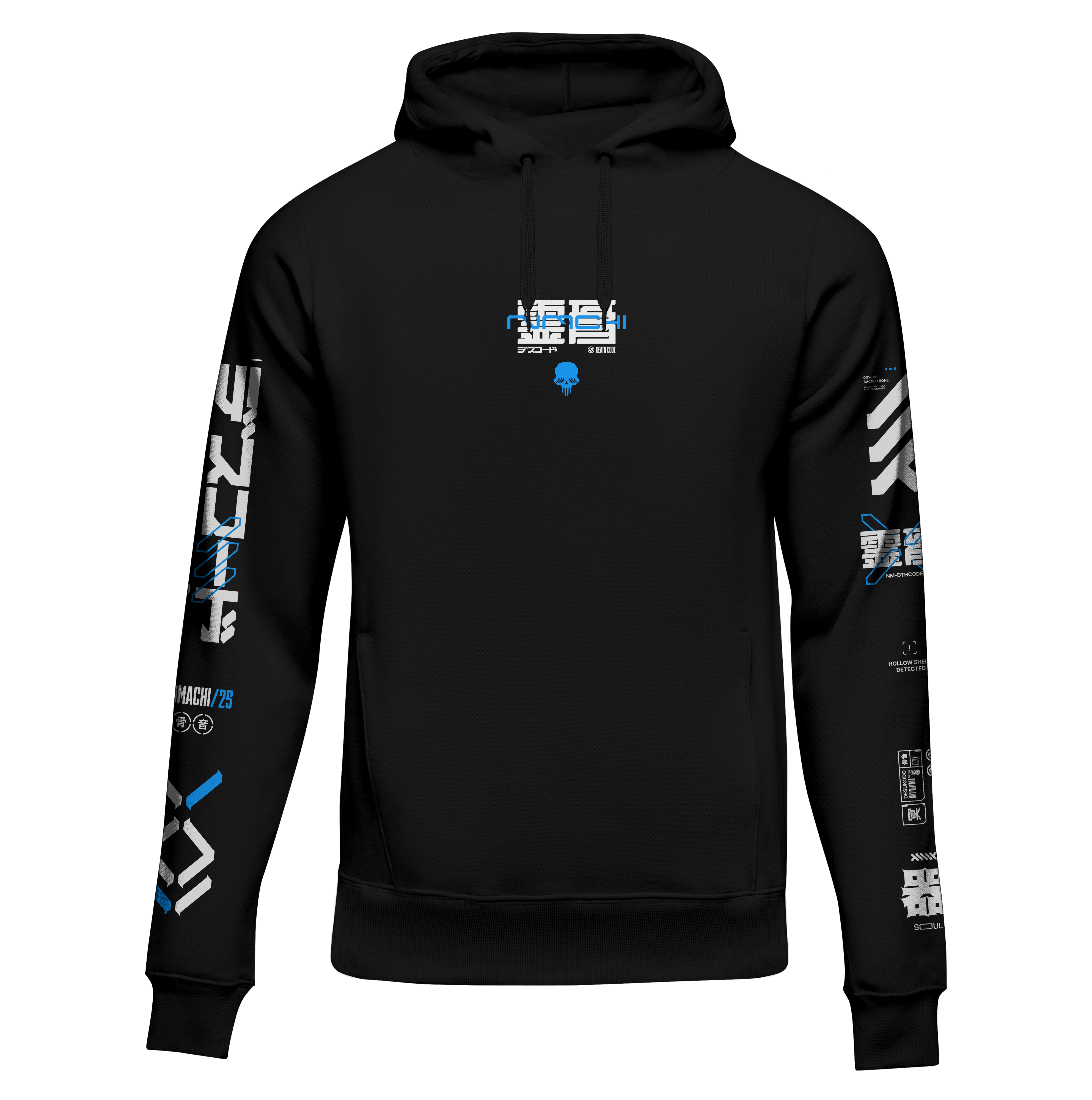 Black hoodie with blue and white graphics on a white background