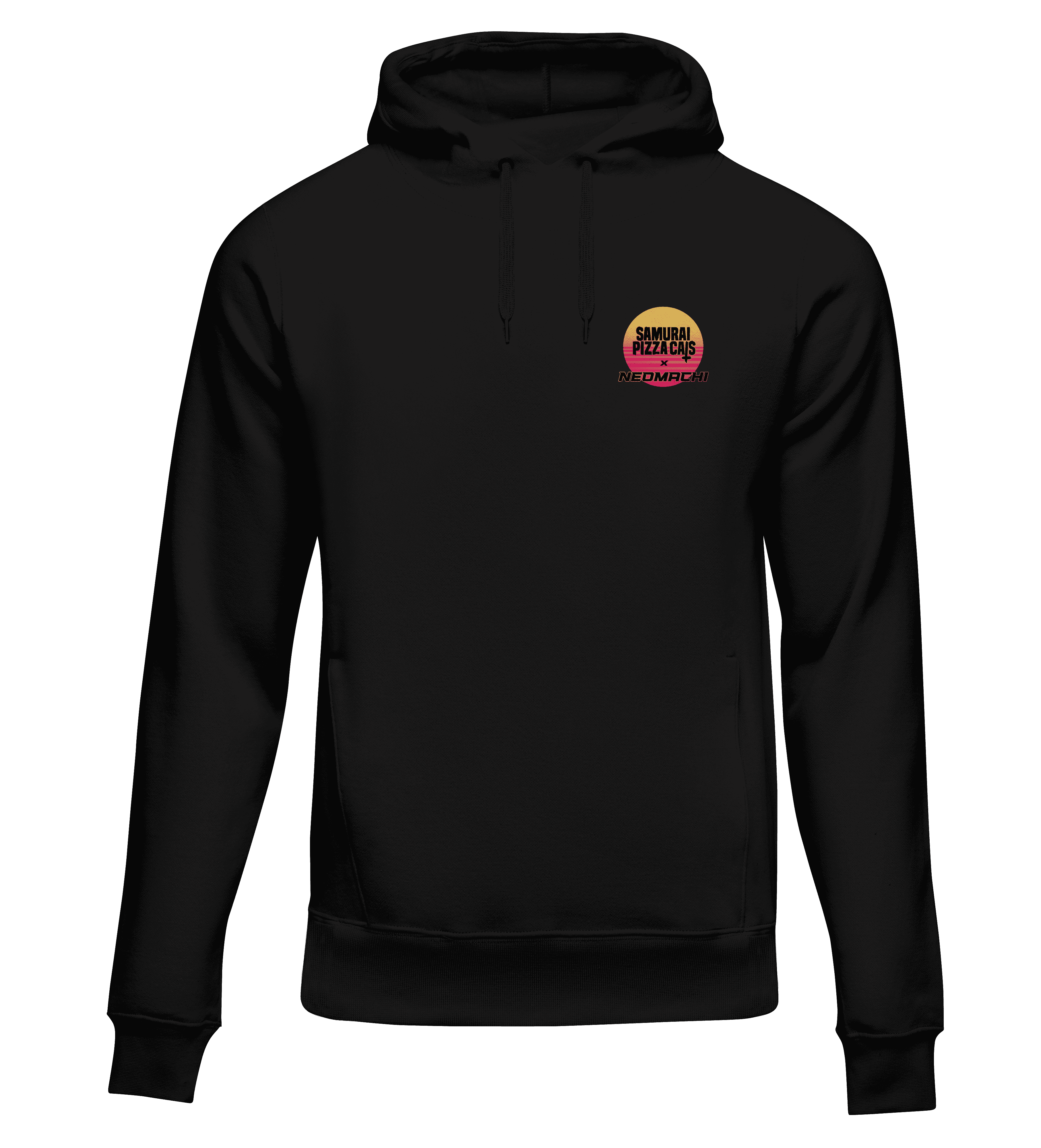 Black hoodie with a small logo on the chest against a white background