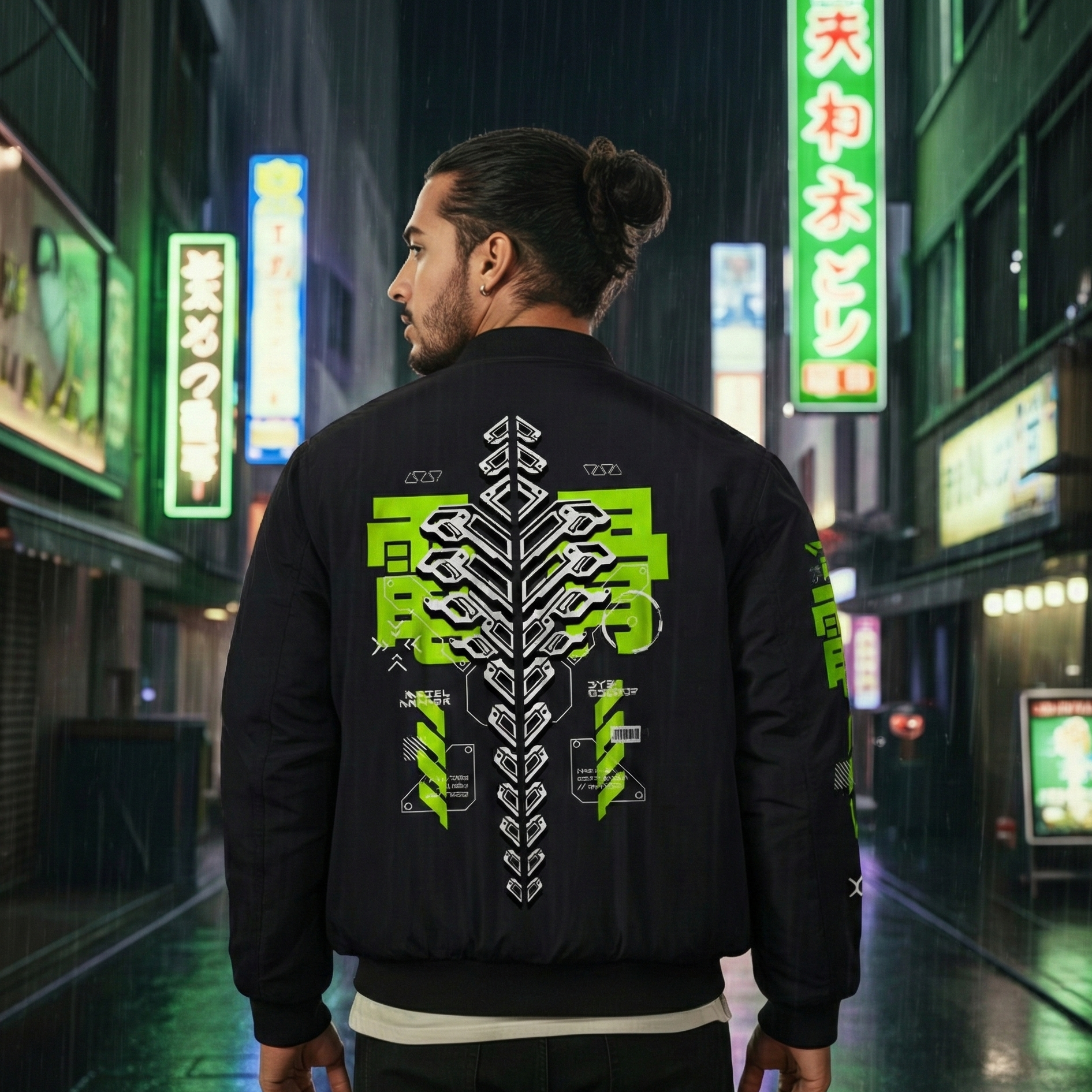 Person wearing a black jacket with green and white designs in a neon-lit urban setting