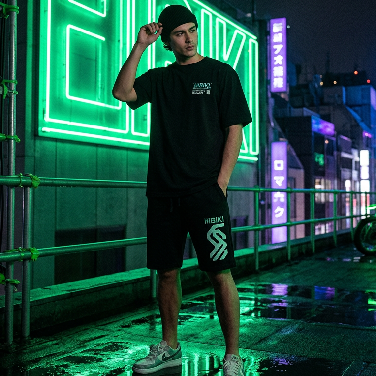 A man wearing a black beanie, black graphic t-shirt, and black shorts with white graphics stands on a wet rooftop at night under a glowing green neon sign.