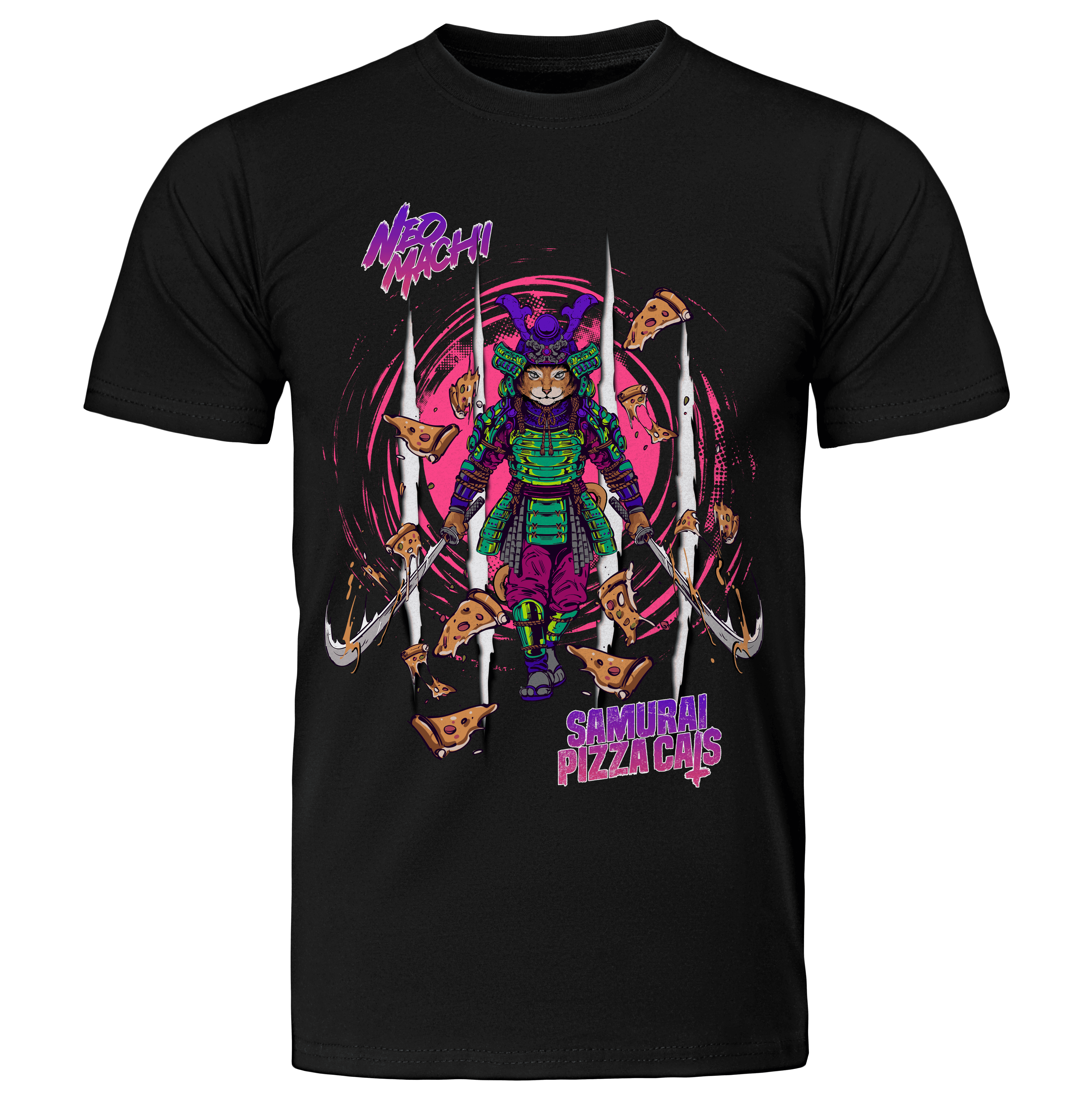 NEOMACHI Cyberpunk T-shirt Samurai Pizza Cats Front Black