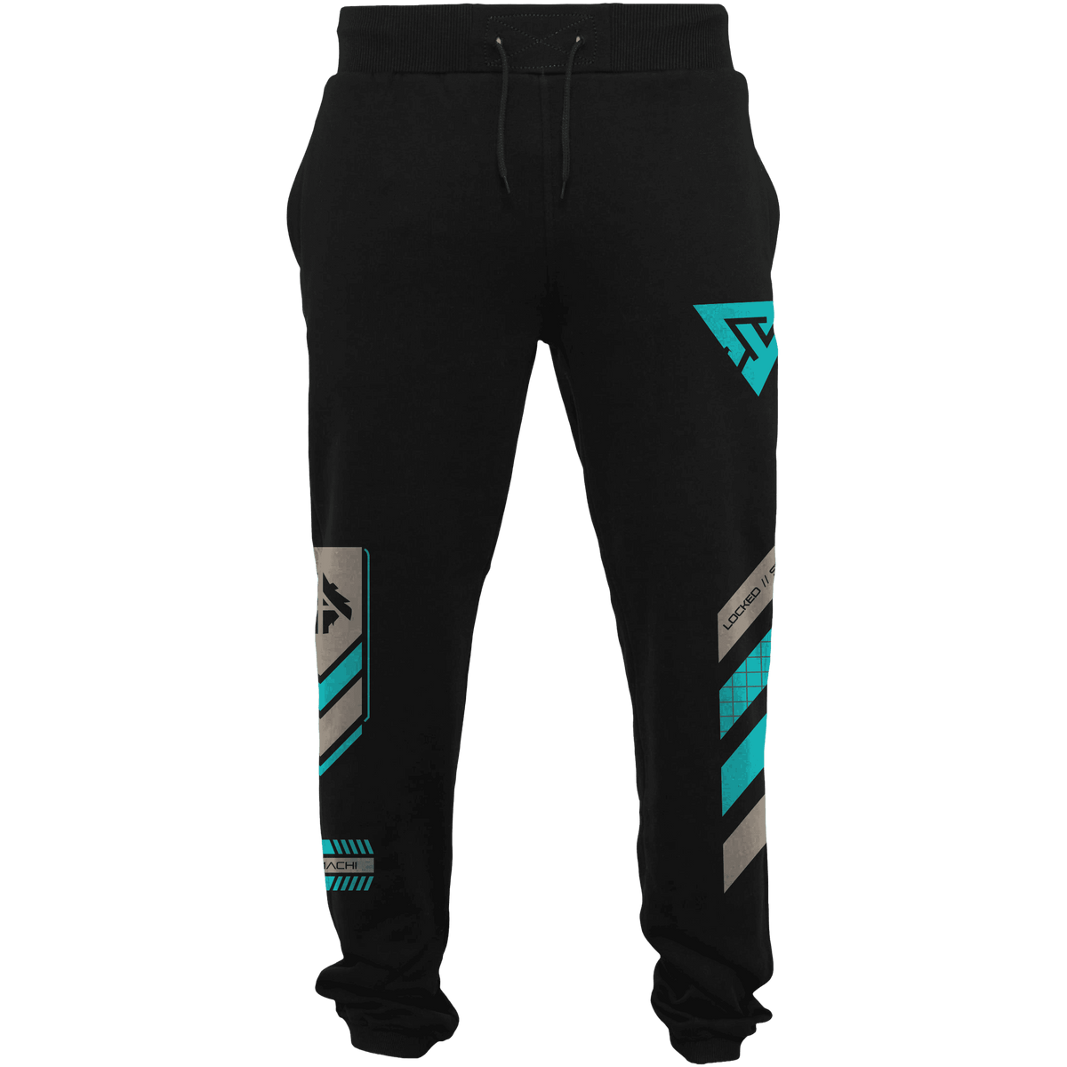 Black sweatpants with teal and gray geometric graphic accents on the thighs and lower legs, featuring a drawstring waist and elastic cuffs.