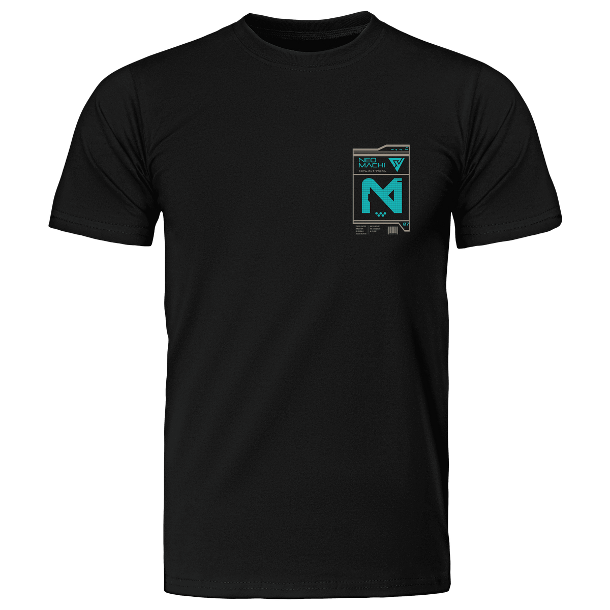 SYSTEM 7 BLUE t-shirt in black, shown from the front with the compact chest graphic.