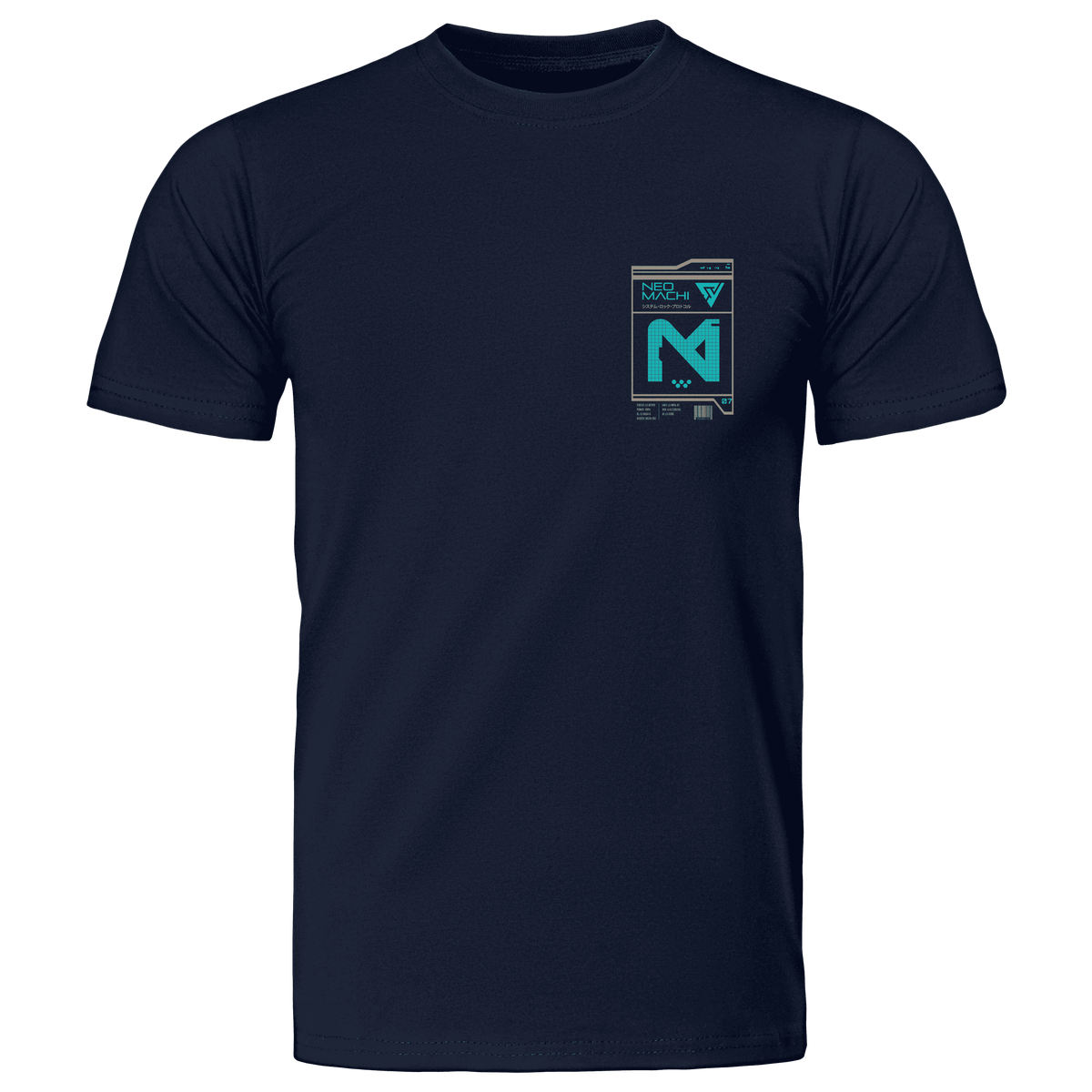 SYSTEM 7 BLUE t-shirt in navy, shown from the front with the compact chest graphic.