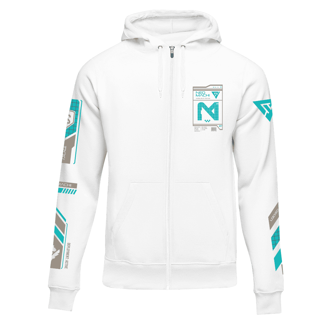 SYSTEM 7 BLUE zip hoodie in white, with the blue and grey cyberpunk graphic print.