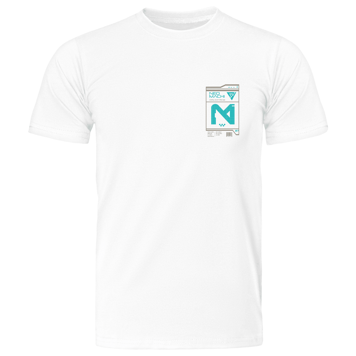 SYSTEM 7 BLUE t-shirt in white, shown from the front with the compact chest graphic.