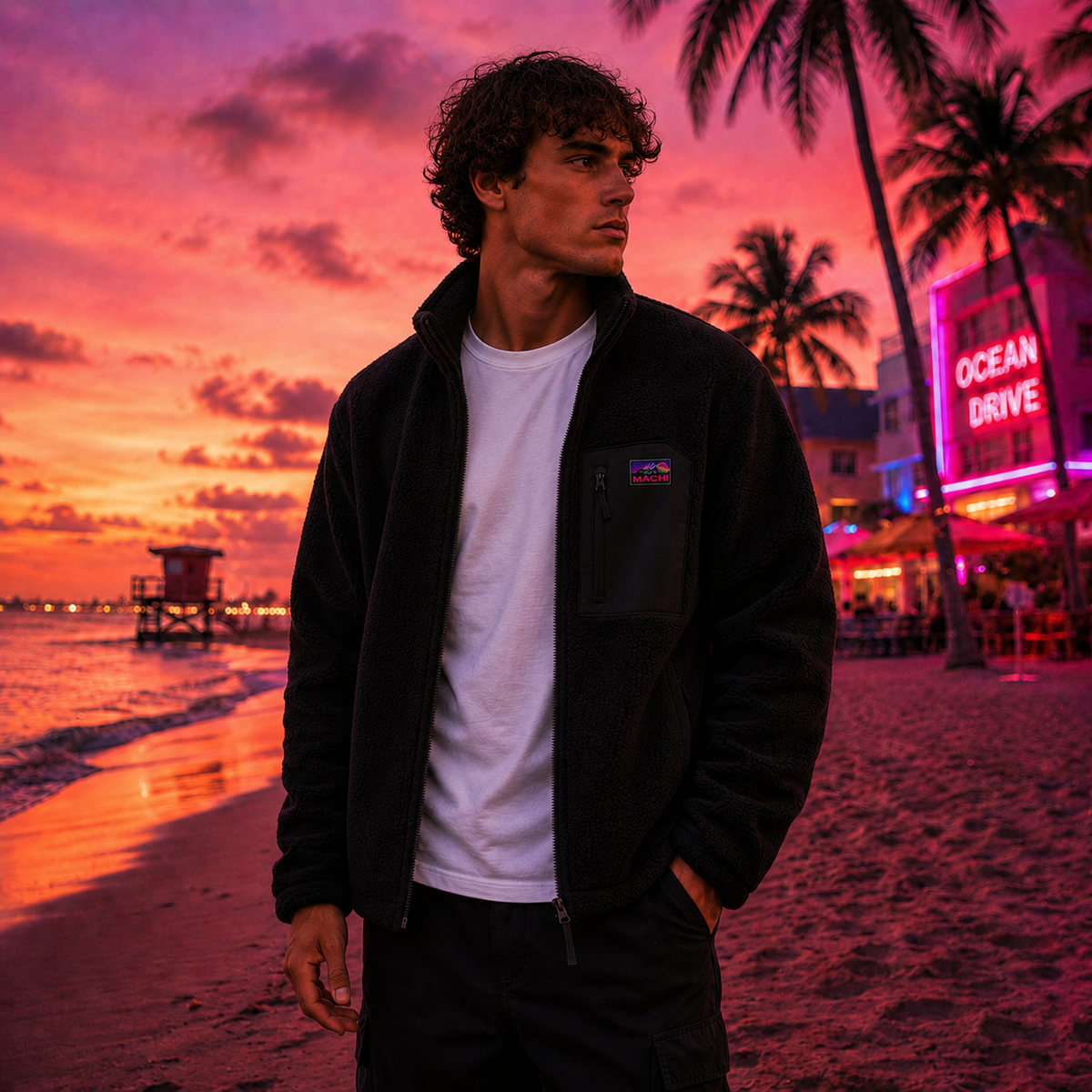 Man standing on a beach at sunset with palm trees and a neon sign in the background