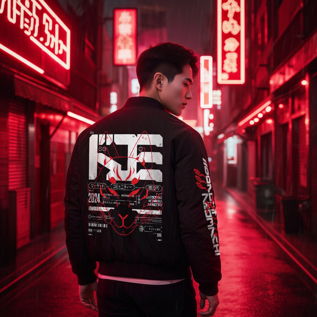 Person wearing a black jacket with red and white designs in a neon-lit urban street.