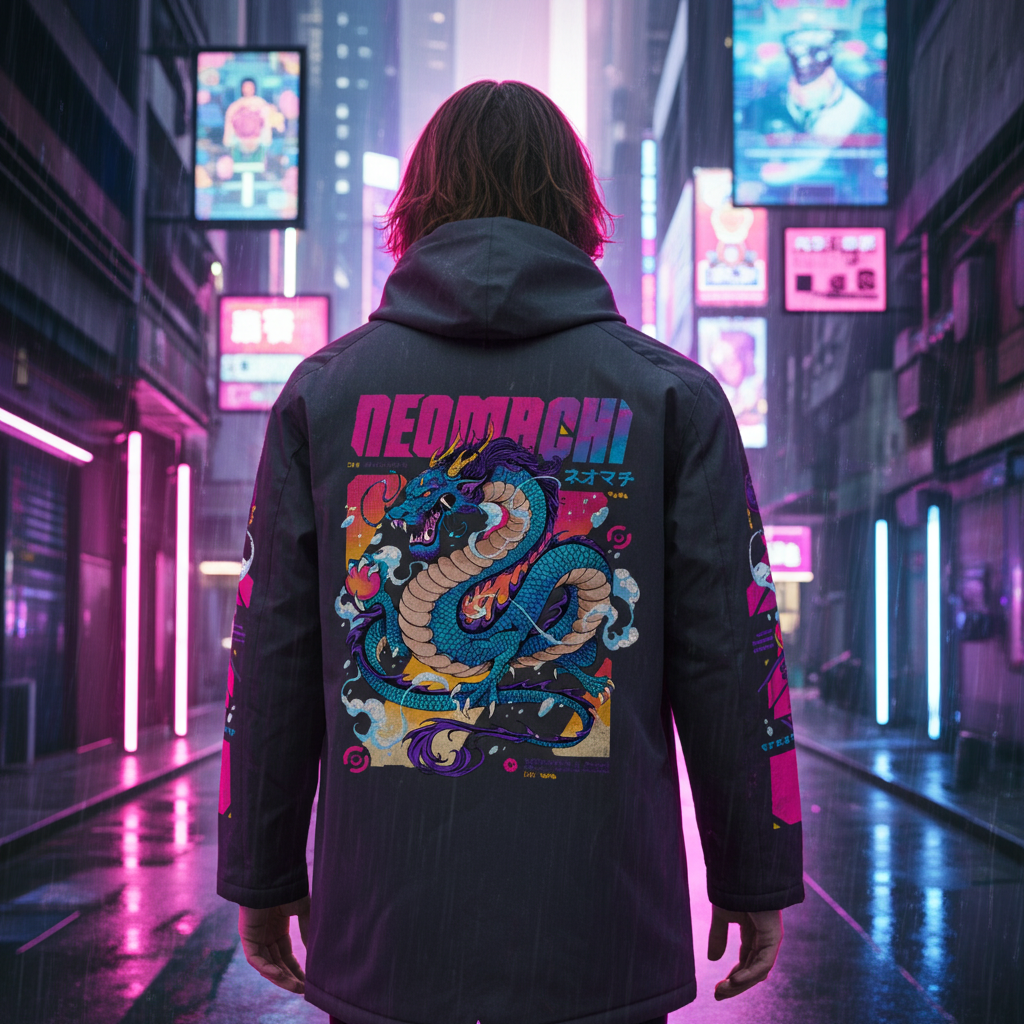 Person wearing a hoodie with a dragon design and 'Neomachi' text in a neon cityscape.