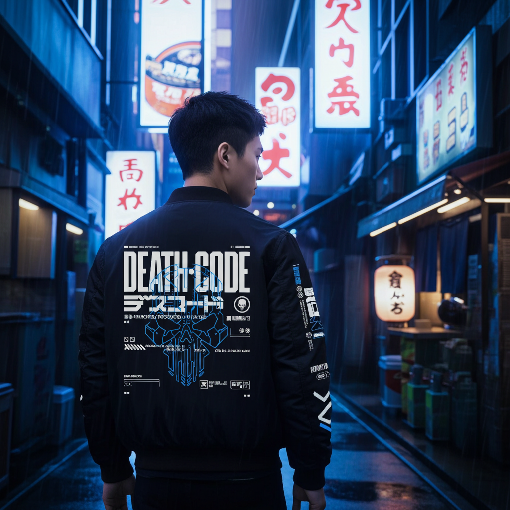 Person wearing a black jacket with 'DEATH CODE' text in a neon-lit urban setting