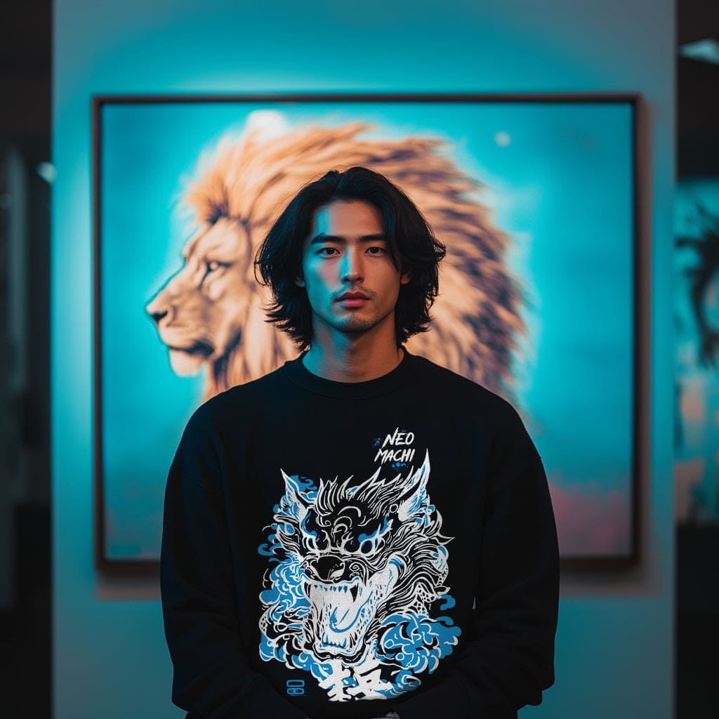 Person wearing a black sweatshirt with a dragon design in front of a lion painting.