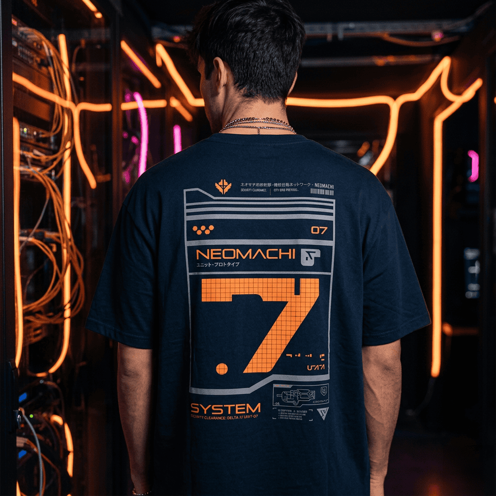 A man viewed from behind wearing a navy blue t-shirt with a large orange and white graphic print on the back, standing in a dark room with glowing orange and purple neon lights.