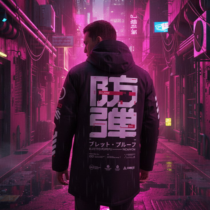 Person walking through a futuristic, neon-lit cityscape with a dark coat featuring white text.