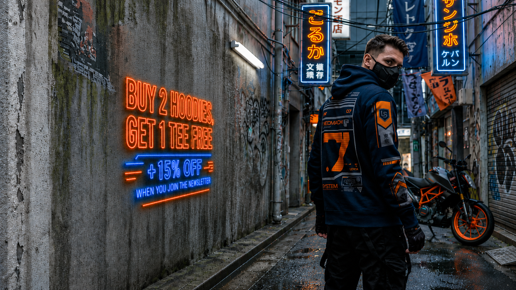 A man wearing a black face mask and a dark blue and orange hoodies stands in a wet, narrow urban alleyway with graffiti walls, neon signs, and a motorcycle in the background.