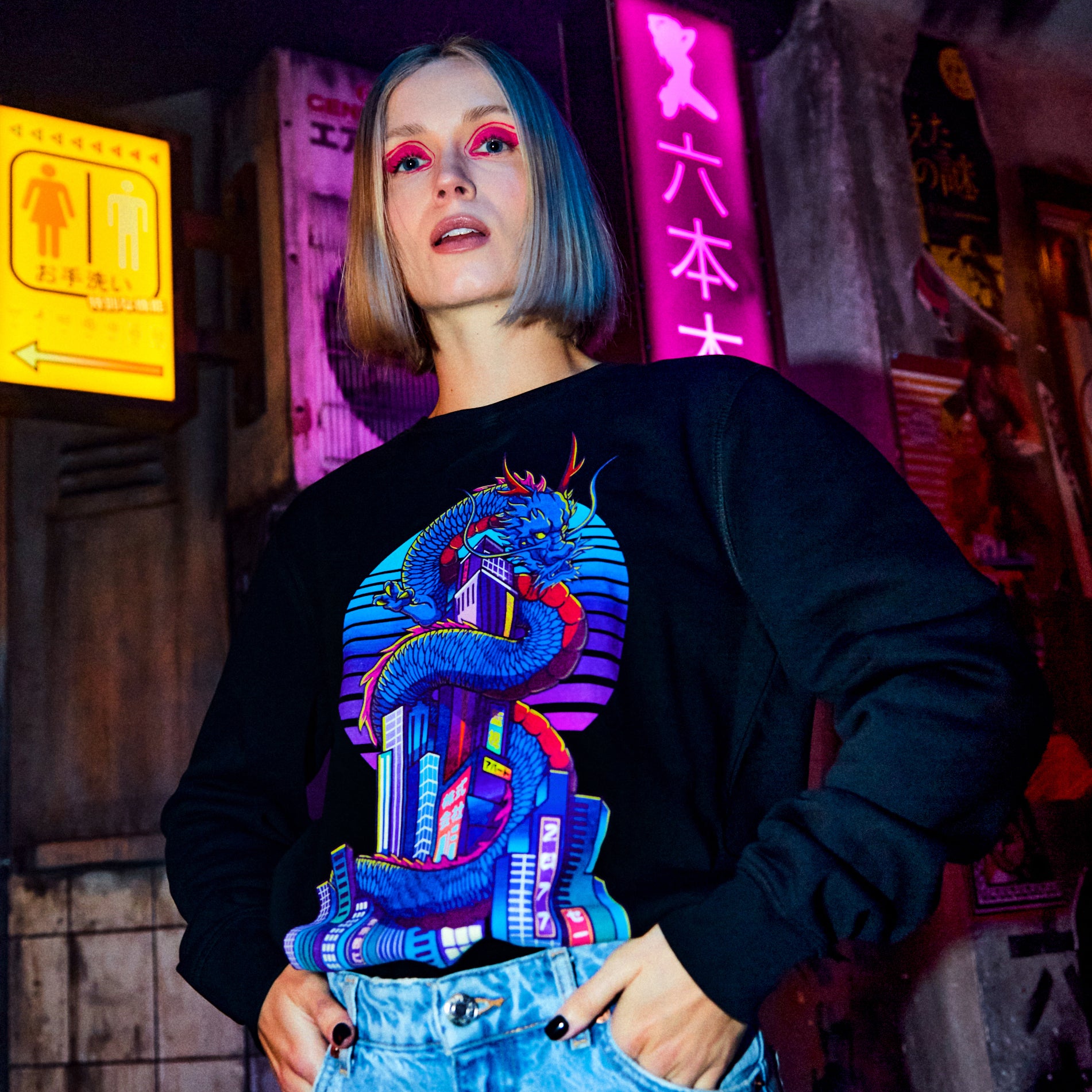Doragontoshi sweater - Black - Model Front  - cyberpunk sweaters - Neomachi