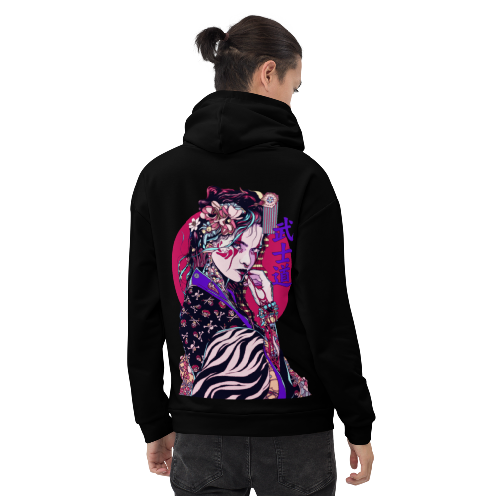 YAKUZAGĀRU: HOODIE - Black - Model Back - cyberpunk sweaters - Neomachi