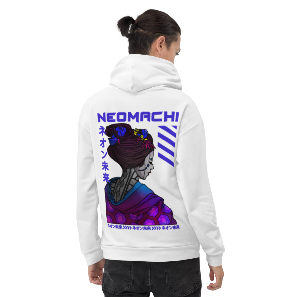 SAIBA-GEIKO: HOODIE - White - Model Back - cyberpunk sweaters - Neomachi