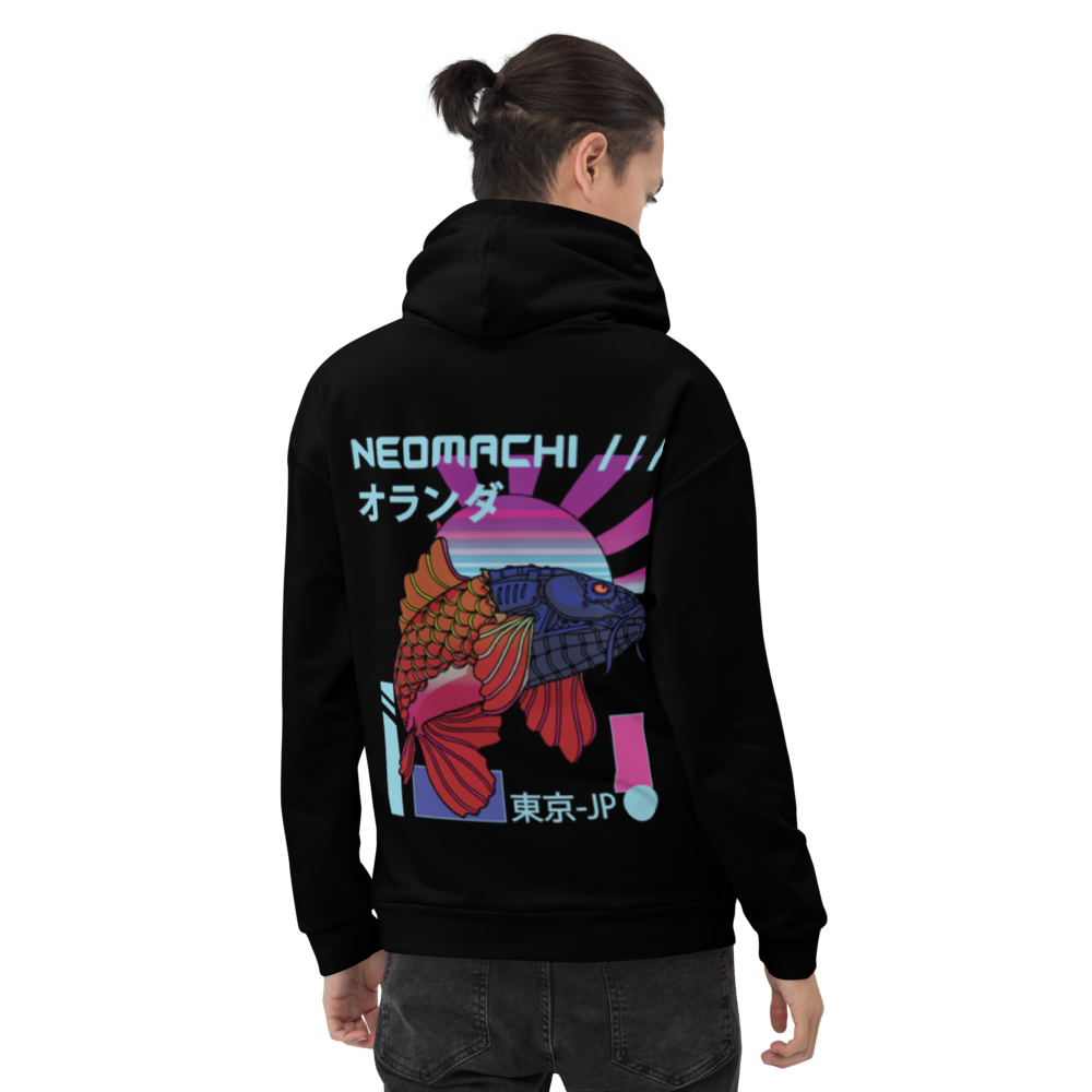 Seiji hoodie - Black - Model Back - cyberpunk sweaters - Neomachi